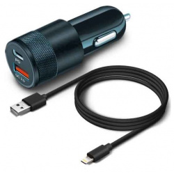 Автомобильное зарядное устройство BoraSCO Power Delivery + QC 3 0  38W+ дата кабель Type C 8 pin черное