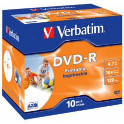 Диск DVD R Verbatim 4 7Gb 16x Jewel case (10шт) Printable (43521) 43521 