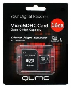 Карта памяти Qumo microSDHC 16Gb Class 10 + SD адаптер (QM16GMICSDHC10) QM16GMICSDHC10 