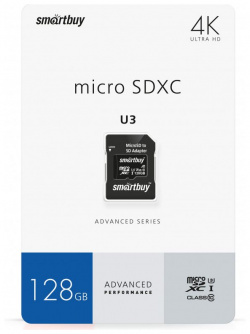 Карта памяти SmartBuy micro SDXC 128Gb Advanced Series UHS I U3 V30 A1 + ADP (90/55 Mb/s) SB128GBSDU1A AD 
