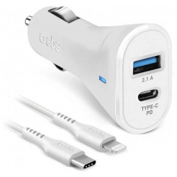 Автомобильное зарядное устройство SBS USB/Type C PD порты  18Вт+ кабель Lightning/Type белый (TECRKITPD18LIGW) TECRKITPD18LIGW