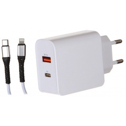 Сетевое зарядное устройство Red Line Tech USB + Type C (модель PD 30)  3A QC3 0 PD30 кабель Lightning белый УТ000032800