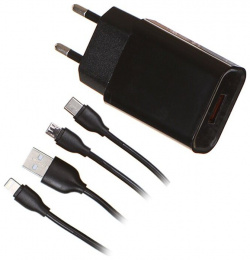 Сетевое зарядное устройство Red Line Tech USB QC 3 0 (модель NQC1 3A) + кабель 3в1  – microUSB Lightning Type C 2A черный УТ000032803
