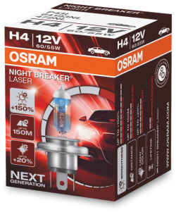 Лампа автомобильная OSRAM H4 60/55W P43t+150% Night Braker Laser 4050K 12V  64193NL