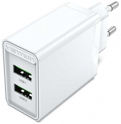 Сетевое зарядное устройство Vention FBAW0 EU на 2 порта USB (A+A) QC 3 0 белое 