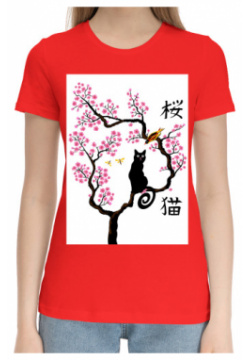 Хлопковые футболки Print Bar CAT 635207 hfu 1 Кошка и птица на сакуре