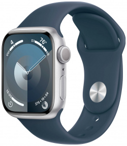 Apple Watch Series 9  45 мм корпус из алюминия серебристого цвета спортивный ремешок «грозовой синий» размер M/L MR9E3