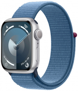 Apple Watch Series 9  41 мм корпус из алюминия серебристого цвета спортивный ремешок «ледяной синий» MR923