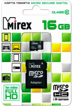 Карта памяти MicroSDHC Mirex 0305 1450 16Gb Class10 с адаптером Black