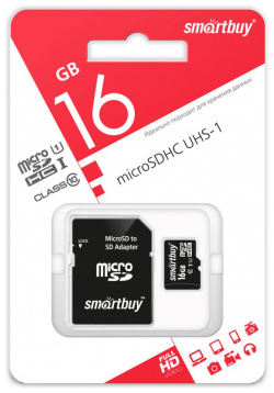 Карта памяти MicroSD Smartbuy SB16GBSDCL10 01 16GB Class10 UHS I с адаптером Black