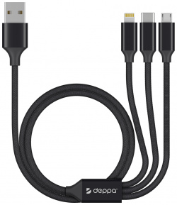 Дата кабель Deppa 72299 3 в 1 microUSB USB C Lightning 2м алюминиевый Black У