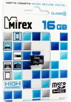 Карта памяти MicroSDHC Mirex 0305 1286 16Gb Class 4 без адаптера Black