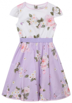 Хлопковое платье Monnalisa 11C924 Сиреневое с ярким цветочным принтом
