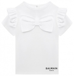 Хлопковая футболка Balmain BU8071 Оборки на коротких рукавах и крупный бант