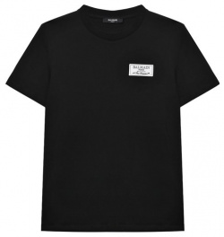 Хлопковая футболка Balmain BU8R71 Базовую черную футболку украсили белым