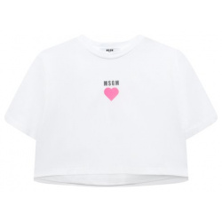 Хлопковая футболка MSGM kids MS029437 Белоснежная укороченная с розовым