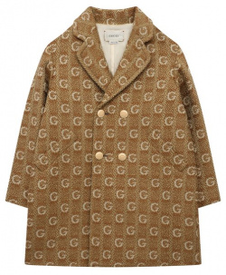 Шерстяное пальто Gucci 599488 XWAGL Бежевое двубортное с паттерном из