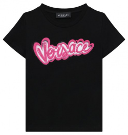 Хлопковая футболка Versace 1000052/1A08386/8A 14A В черной футболке ребенку