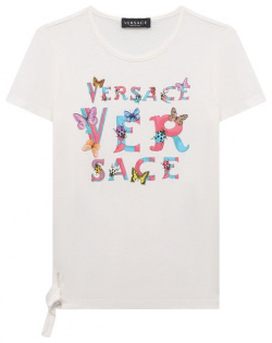 Хлопковая футболка Versace 1009092/1A08135/4A 6A Белоснежную футболку с узлом