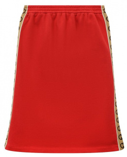 Хлопковая юбка Gucci 596244 XJB8Z Красная с широким поясом выполнена из