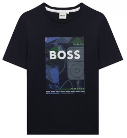 Хлопковая футболка BOSS J50724 Чернильно синюю футболку украсили крупным