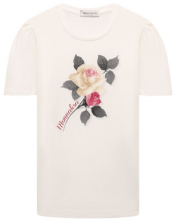 Хлопковая футболка Monnalisa 71D601 Принт в виде роз на этой футболке