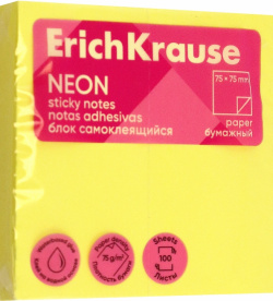 Блок самоклеящийся бумажный Neon  100 листов желтый Erich Krause