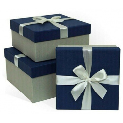 Коробка подарочная с бантом тиснение Рогожка  190x150x90 мм синий серый РутаУпак П