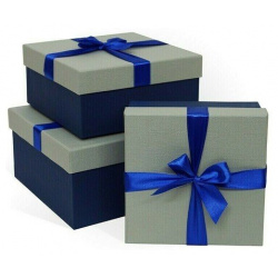 Коробка подарочная с бантом тиснение Рогожка  190x150x90 мм серый синий РутаУпак П