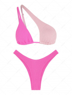 ZAFUL Two Tone Textured One Shoulder Bikini Swimwear S Light pink  Style: