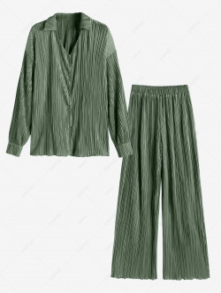 Plisse Set Pleated Elegant Office or Formal Button Up Long Sleeves Shirt and High Elastic Waist Pants S Deep green ZAFUL 