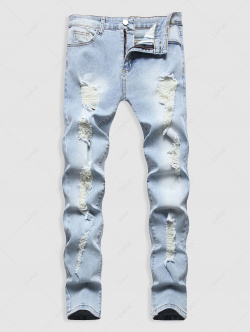 Mens Zipper Fly Distressed Frayed Jeans 32 Light blue ZAFUL 