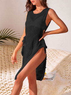 Beach Sheer Breathable Tie Side Cover Up Dress L Black ZAFUL