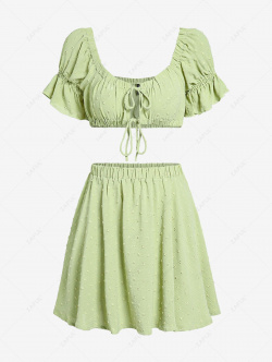 ZAFUL Tie Front Puff Sleeve Swiss Dot Top and Skirt Set M Light green 