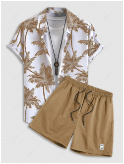 Mens Tropical Print Hawaiian Summer Beach Vacation Set Plant Coconut Tree Short Sleeve Button Shirt and Solid Label Design Drawstring Shorts Light co ZAFUL 