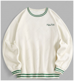 Mens ZAFUL Striped Trim Polar Fleece Fluffy New York Embroidered Sweatshirt M White 