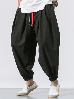 Pantalon bouffant ample en couleur pure coton à cordon de serrage pour homme newchic 