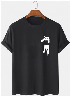 T shirts décontractés à manches courtes en coton imprimé sur la poitrine de chat dessin animé pour hommes newchic 