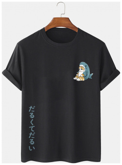 T shirts à manches courtes imprimés japonais pour hommes  dessin animé requin chat newchic