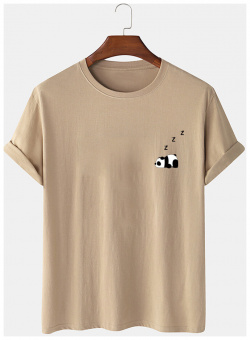 T shirt décontracté fin imprimé pour hommes  100% coton couleur unie Panda newchic