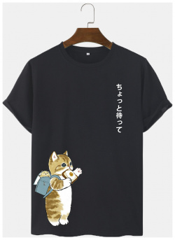 T shirts à manches courtes imprimés japonais avec chat de dessin animé mignon pour hommes newchic