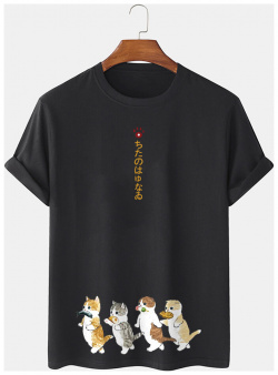 T shirts à manches courtes en coton imprimé chat de dessin animé japonais pour hommes newchic