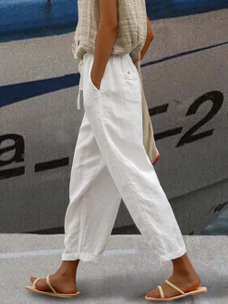 Pantalon décontracté à taille élastique en coton pour femmes avec poche newchic P