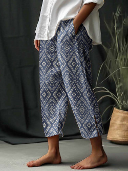Pantalon court de vacances à imprimé losanges vintage pour femmes avec poche newchic