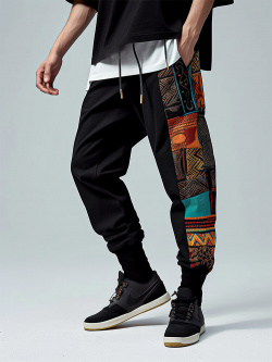 Pantalon de survêtement ample à motif ethnique pour hommes  patchwork cordon serrage la taille newchic