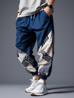 Pantalon de jogging ample à motif géométrique ethnique pour hommes  patchwork avec cordon serrage newchic