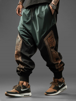 Pantalon ample à motif ethnique vintage pour hommes  patchwork cordon de serrage taille newchic