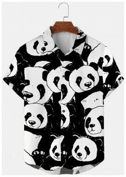 Chemises décontractées à manches courtes pour hommes Allover Panda revers imprimé hiver newchic