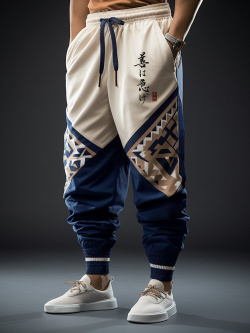 Pantalon ample à taille avec cordon de serrage pour hommes  imprimé géométrique japonais patchwork newchic