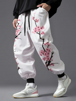 Pantalon ample à taille avec cordon de serrage pour hommes  imprimé fleurs cerisier japonais newchic